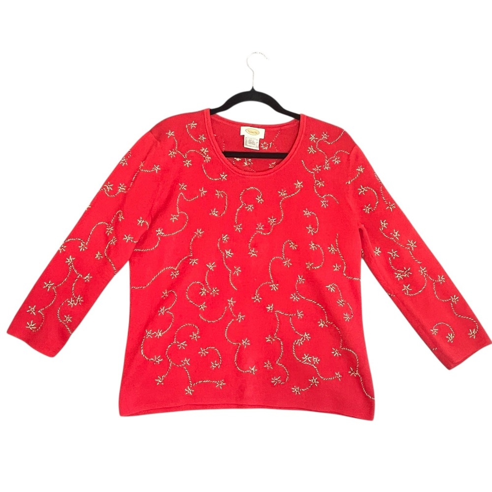 Vintage Talbots Women Red Cotton Embroidered Long Sleeve Crewneck Sweater L